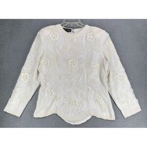 Carolyne Barton Night Embellished Formal Top Size L Faux Pearls Beaded Ivory